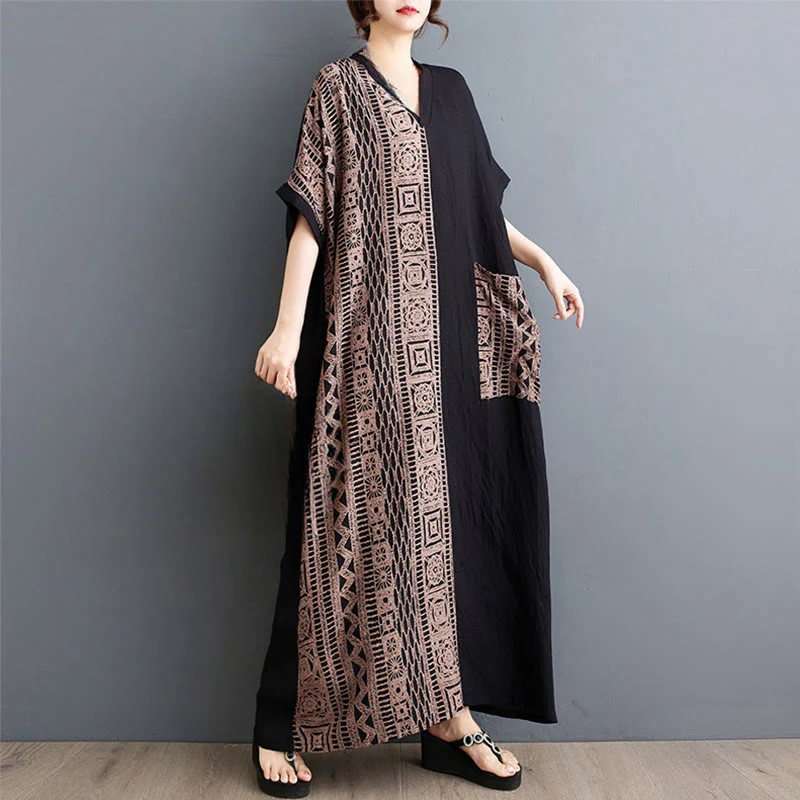 Abito midi casual con stampa Buddha Stones, scollo a V, mezza manica, tasche, in lino e cotone, ampio e tinto - Image 2
