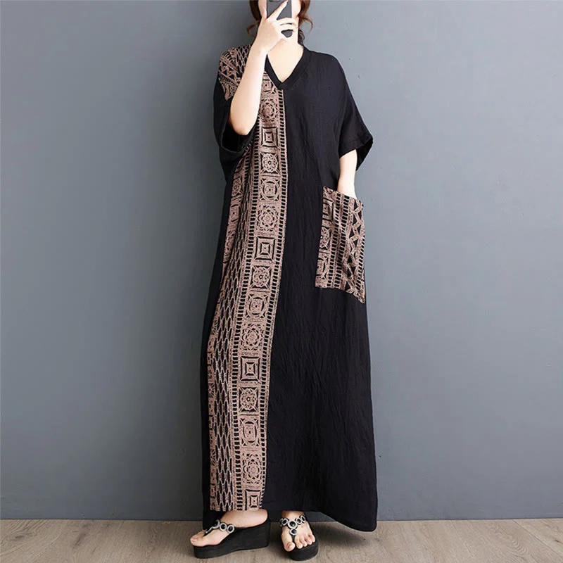 Abito midi casual con stampa Buddha Stones, scollo a V, mezza manica, tasche, in lino e cotone, ampio e tinto - Image 4