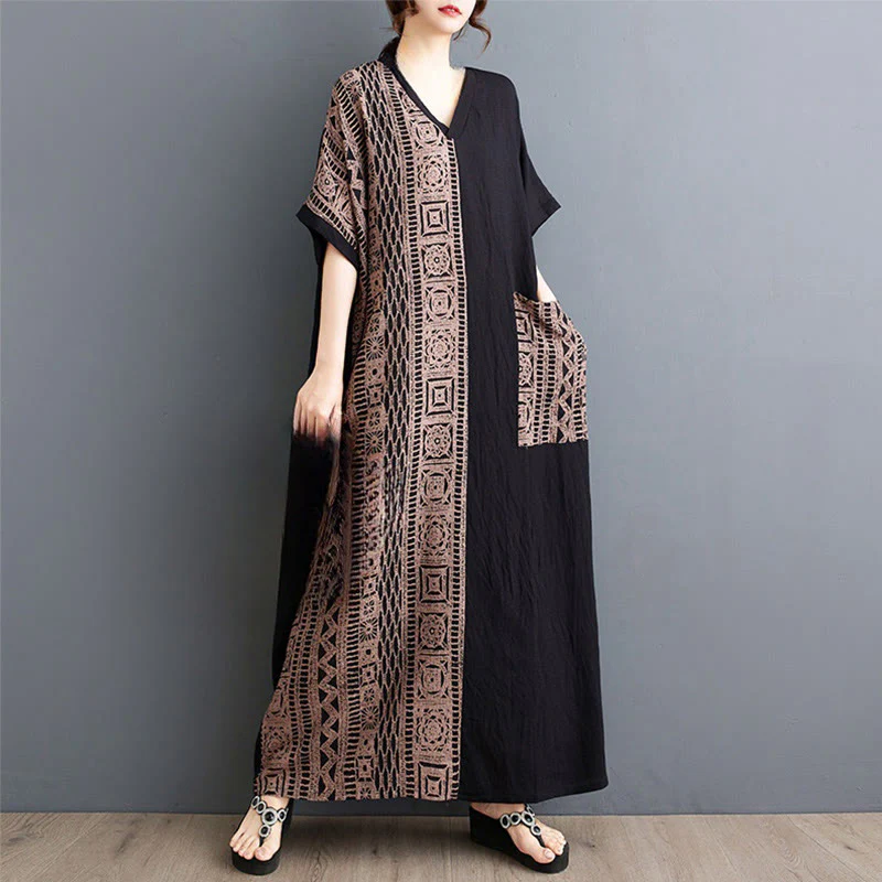 Abito midi casual con stampa Buddha Stones, scollo a V, mezza manica, tasche, in lino e cotone, ampio e tinto - Image 5
