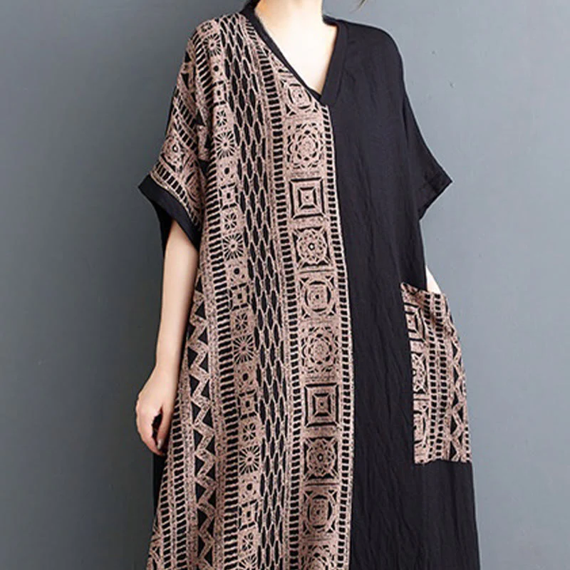 Abito midi casual con stampa Buddha Stones, scollo a V, mezza manica, tasche, in lino e cotone, ampio e tinto - Image 6