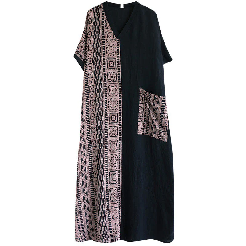 Abito midi casual con stampa Buddha Stones, scollo a V, mezza manica, tasche, in lino e cotone, ampio e tinto - Image 7