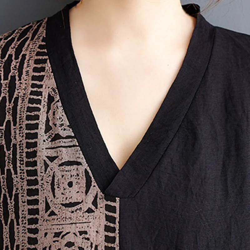 Abito midi casual con stampa Buddha Stones, scollo a V, mezza manica, tasche, in lino e cotone, ampio e tinto - Image 8