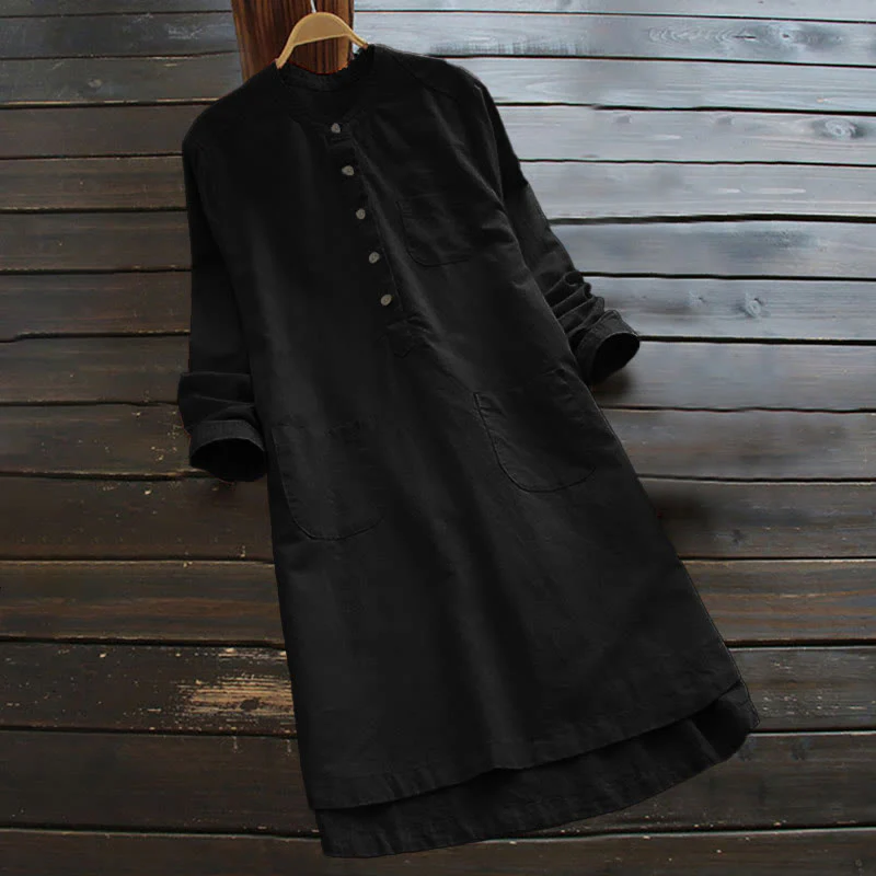 Camicia da donna a maniche lunghe con tasche e bottoni in tinta unita Buddha Stones - Image 12