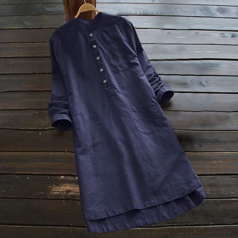 Camicia da donna a maniche lunghe con tasche e bottoni in tinta unita Buddha Stones - Image 15