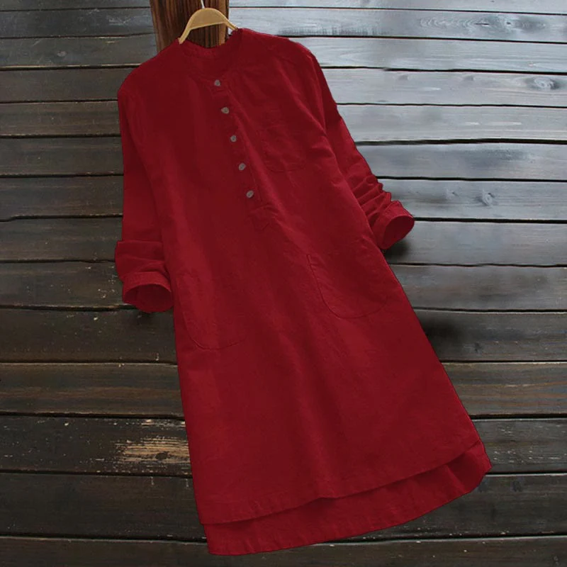 Camicia da donna a maniche lunghe con tasche e bottoni in tinta unita Buddha Stones - Image 18