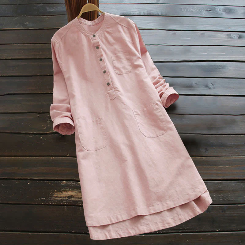 Camicia da donna a maniche lunghe con tasche e bottoni in tinta unita Buddha Stones - Image 6