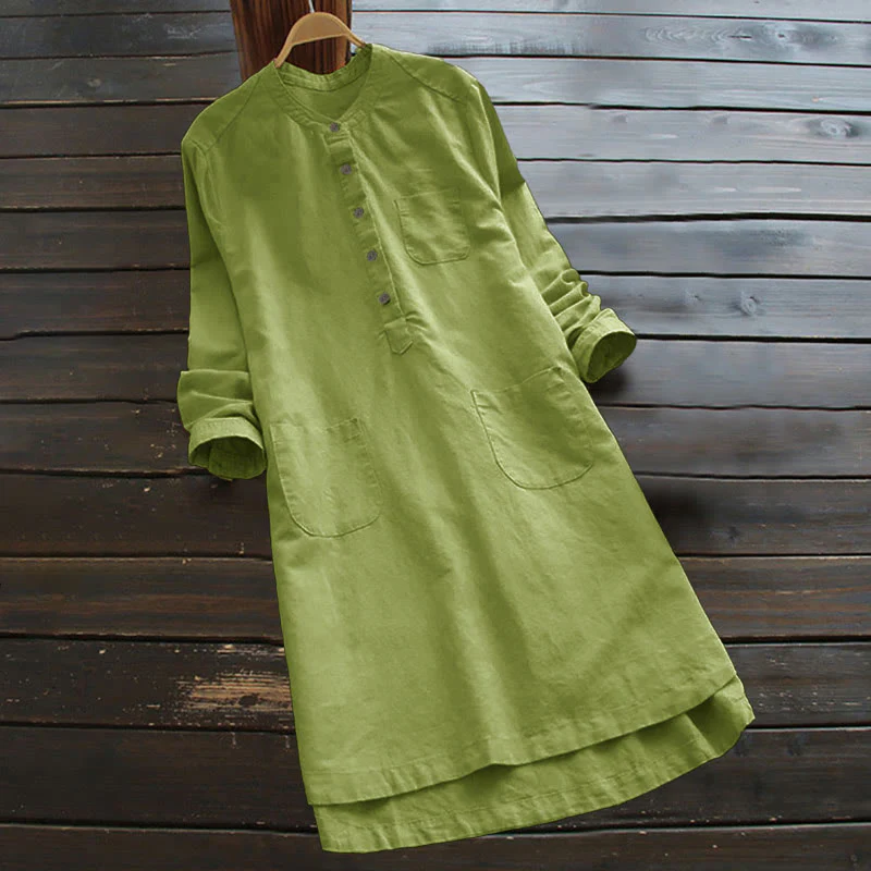 Camicia da donna a maniche lunghe con tasche e bottoni in tinta unita Buddha Stones - Image 9