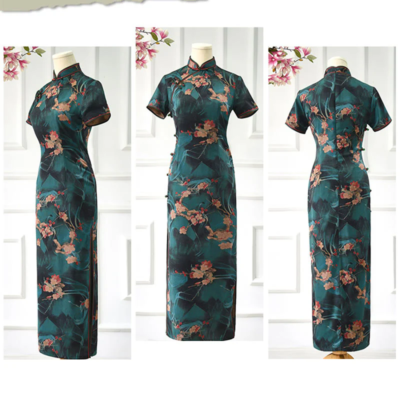 Abito da donna con stampa di fiori rosa vintage Buddha Stones Cheongsam Qipao - Image 11
