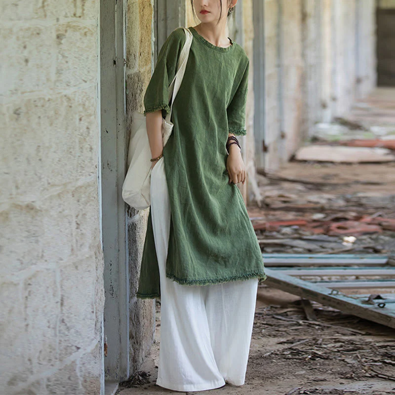 Top da donna a maniche corte in ramia e lino con spacco e motivo Buddha Stones - Image 13