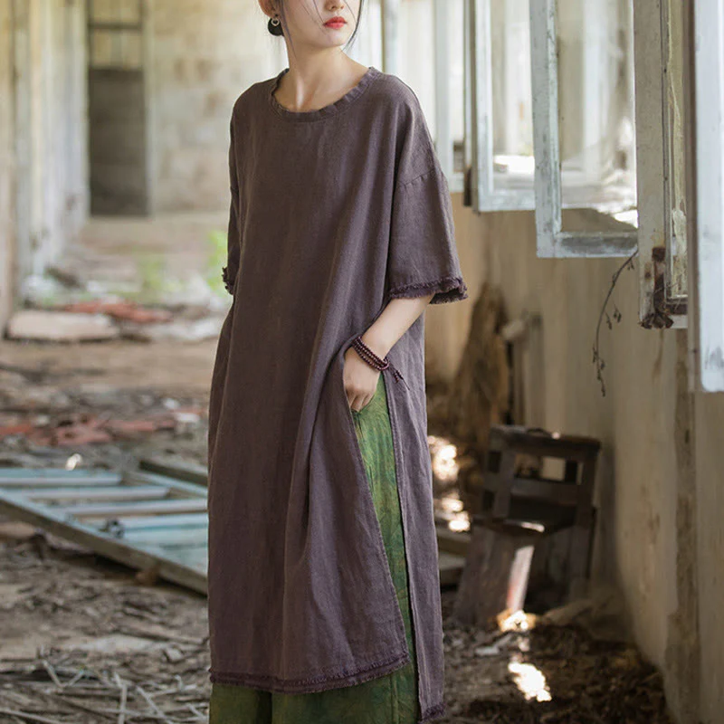 Top da donna a maniche corte in ramia e lino con spacco e motivo Buddha Stones - Image 17