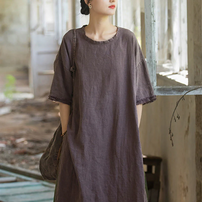 Top da donna a maniche corte in ramia e lino con spacco e motivo Buddha Stones - Image 23