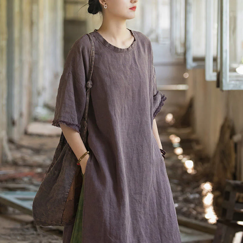 Top da donna a maniche corte in ramia e lino con spacco e motivo Buddha Stones - Image 27
