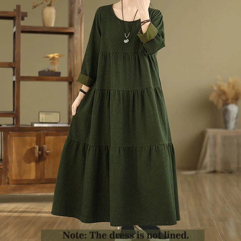 Abito lungo da donna in cotone con maniche lunghe e tasche, motivo patchwork verde oliva scuro Buddha Stones - Image 2