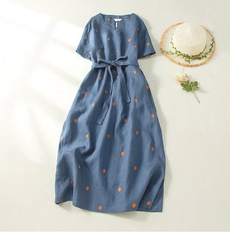 Abito midi da donna in cotone e lino con maniche corte, allacciato, con motivo a pois Buddha Stones, casual e tasche