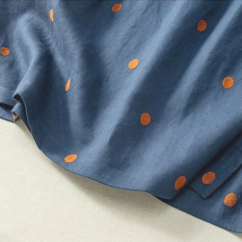 Abito midi da donna in cotone e lino con maniche corte, allacciato, con motivo a pois Buddha Stones, casual e tasche - Image 4