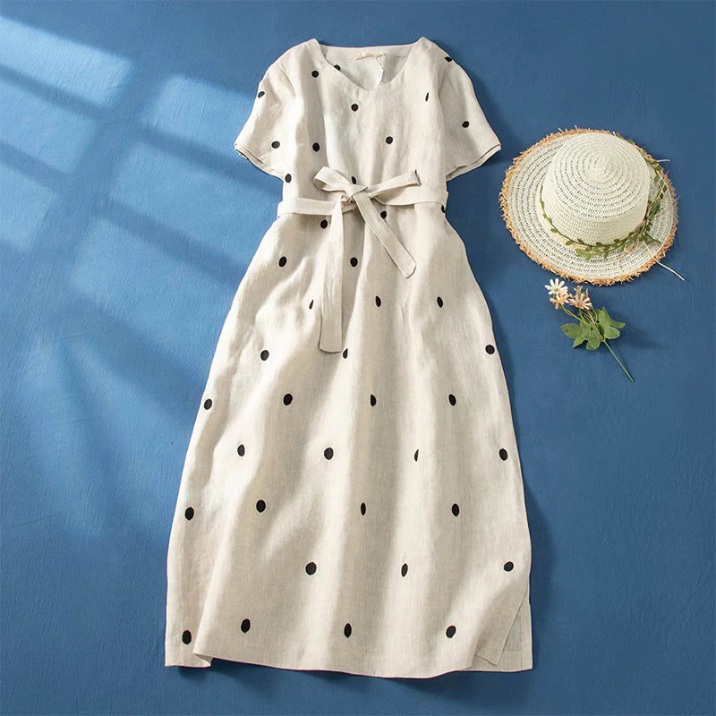 Abito midi da donna in cotone e lino con maniche corte, allacciato, con motivo a pois Buddha Stones, casual e tasche - Image 8