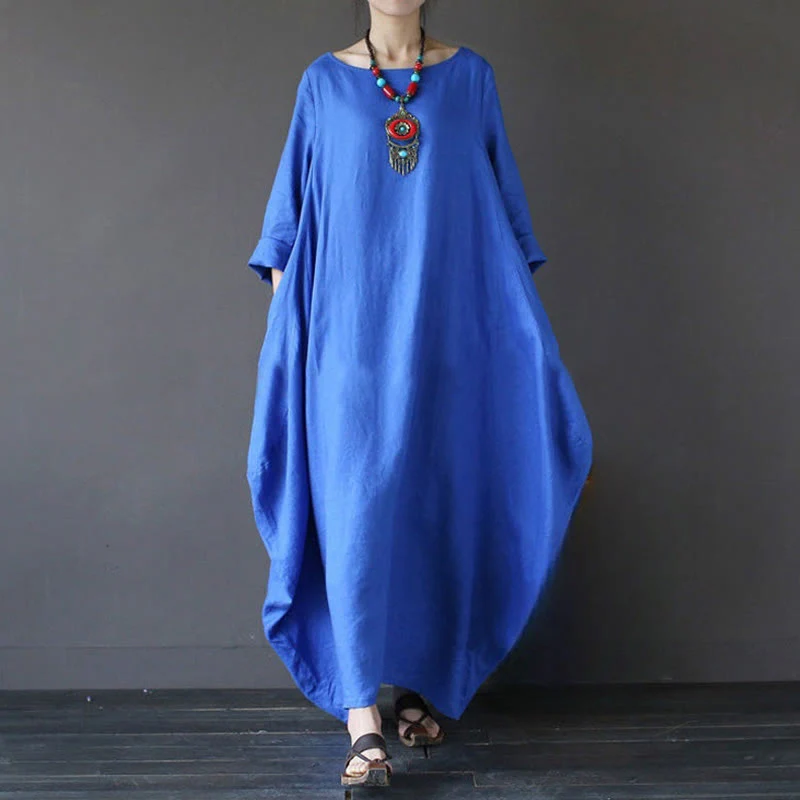Abito lungo da donna in cotone con maniche a tre quarti e tinta unita Buddha Stones - Image 10
