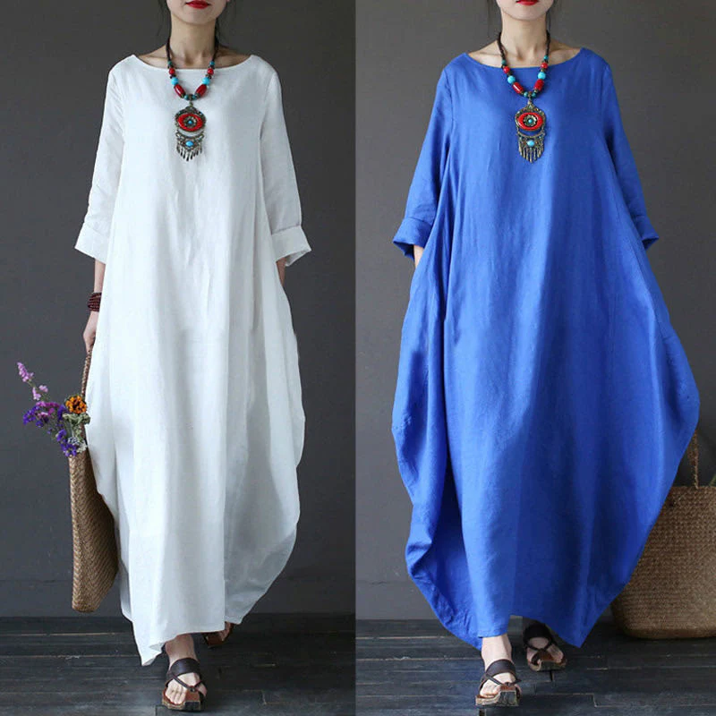 Abito lungo da donna in cotone con maniche a tre quarti e tinta unita Buddha Stones - Image 11