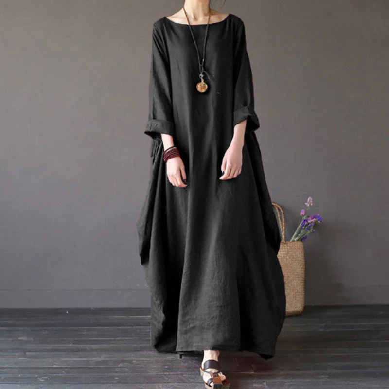 Abito lungo da donna in cotone con maniche a tre quarti e tinta unita Buddha Stones - Image 12