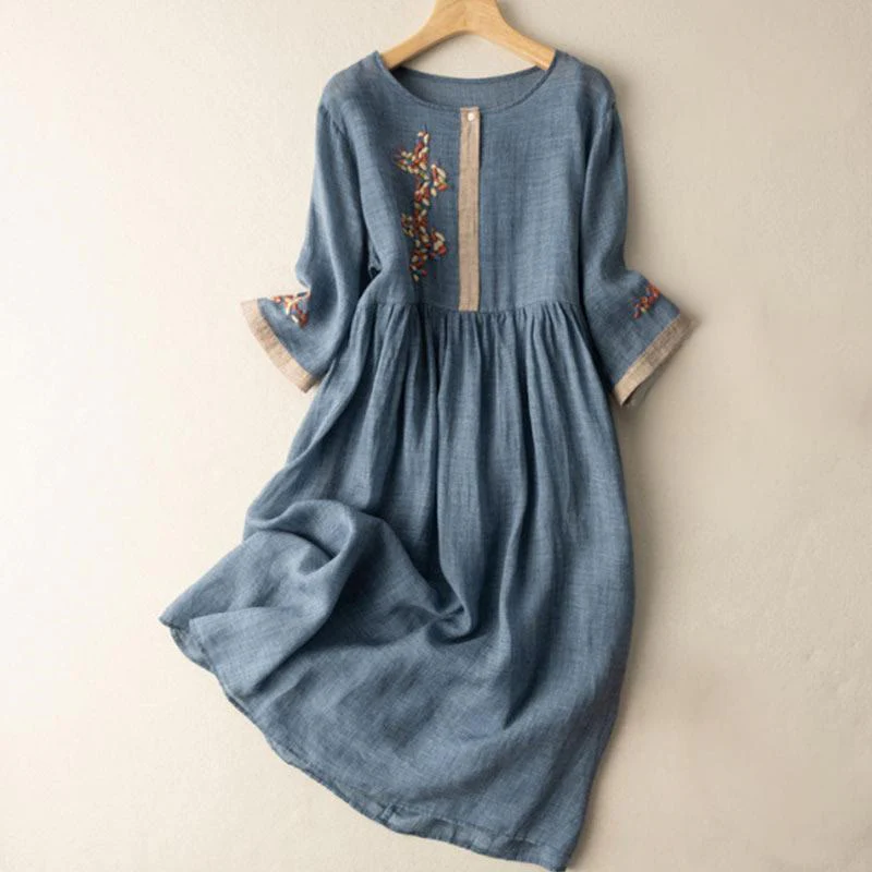 Abito midi da donna con maniche corte e ricami etnici primaverili a tema Buddha Stones. - Image 11