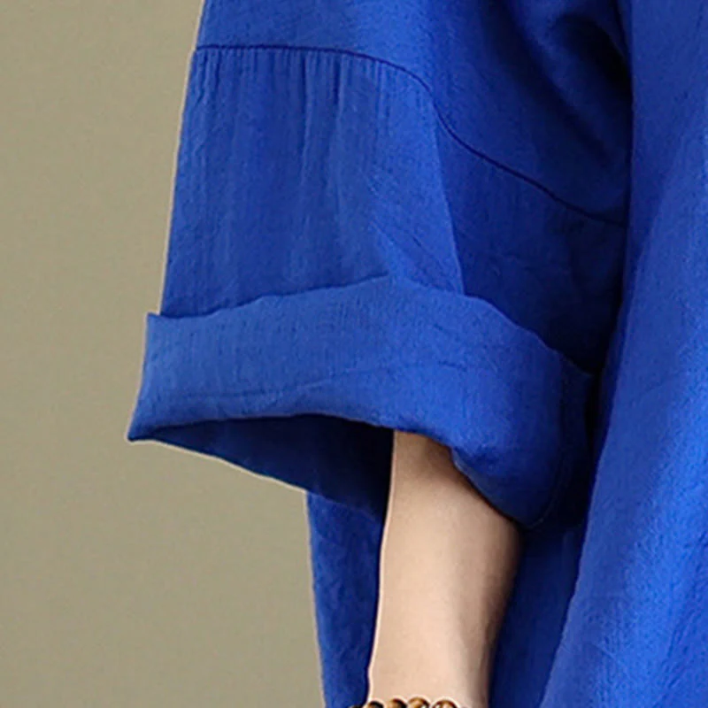Abito midi in cotone a maniche lunghe con scollo a V e colori puri Buddha Stones Fall - Image 20