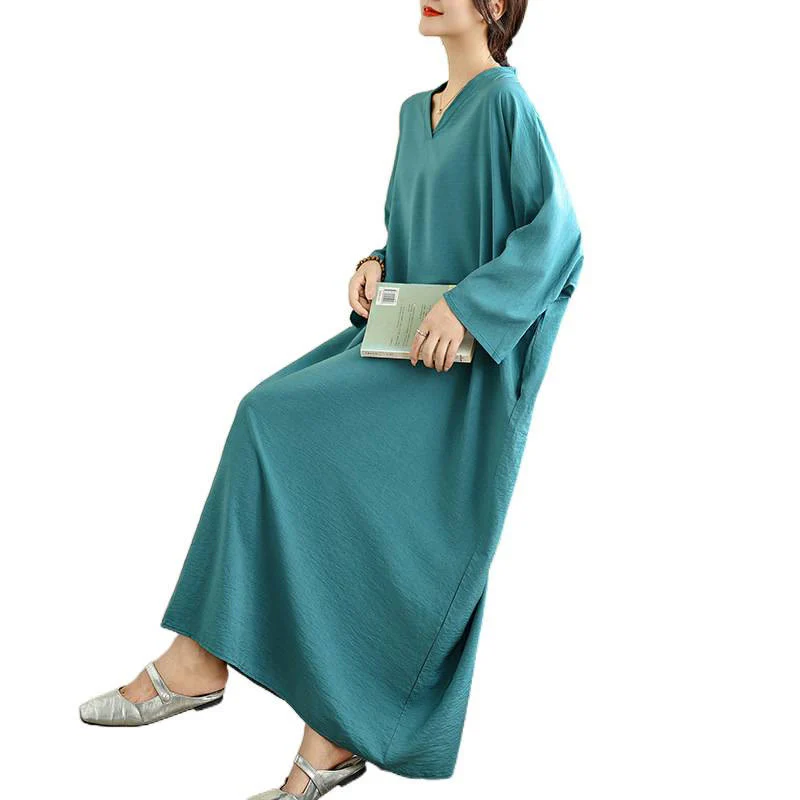Abito lungo in cotone e lino a maniche lunghe, stile retrò casual con motivo Buddha Stones e tasche, tinta unita. - Image 25