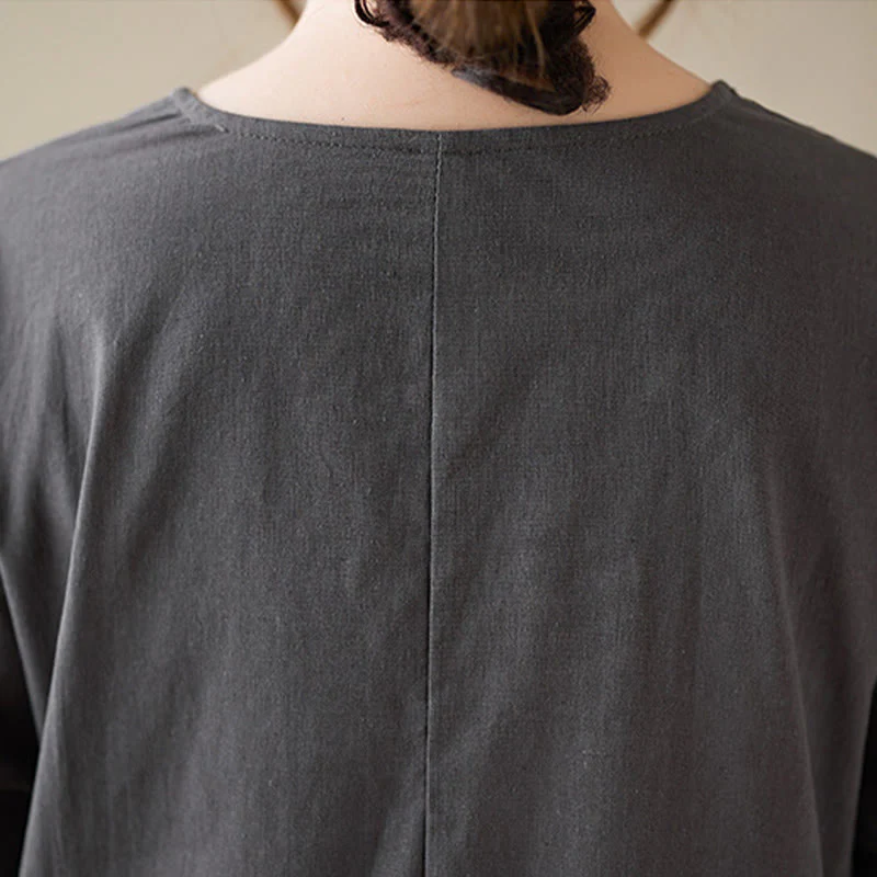 Abito midi casual in cotone e lino con scollo rotondo e tasche Buddha Stones - Image 12