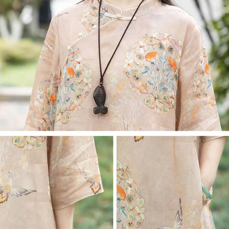 Abito midi cheongsam con stampa di fiori arancioni e uccelli Buddha Stones, in cotone e lino, a maniche corte, con tasche - Image 3