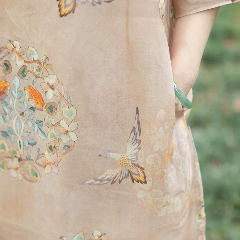 Abito midi cheongsam con stampa di fiori arancioni e uccelli Buddha Stones, in cotone e lino, a maniche corte, con tasche - Image 4