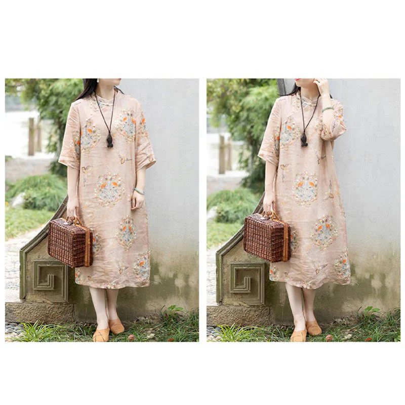Abito midi cheongsam con stampa di fiori arancioni e uccelli Buddha Stones, in cotone e lino, a maniche corte, con tasche - Image 5