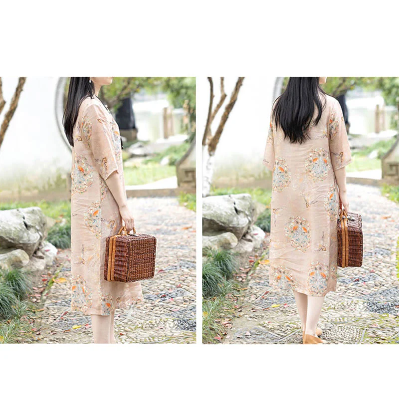 Abito midi cheongsam con stampa di fiori arancioni e uccelli Buddha Stones, in cotone e lino, a maniche corte, con tasche - Image 6