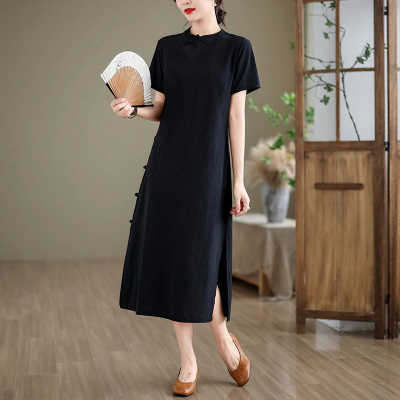 Abito midi cheongsam qipao con bottoni a rana, stile vintage estivo, in stile cinese , Buddha Stones - Image 13