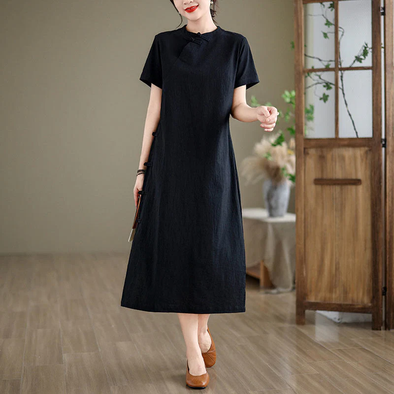 Abito midi cheongsam qipao con bottoni a rana, stile vintage estivo, in stile cinese , Buddha Stones - Image 14