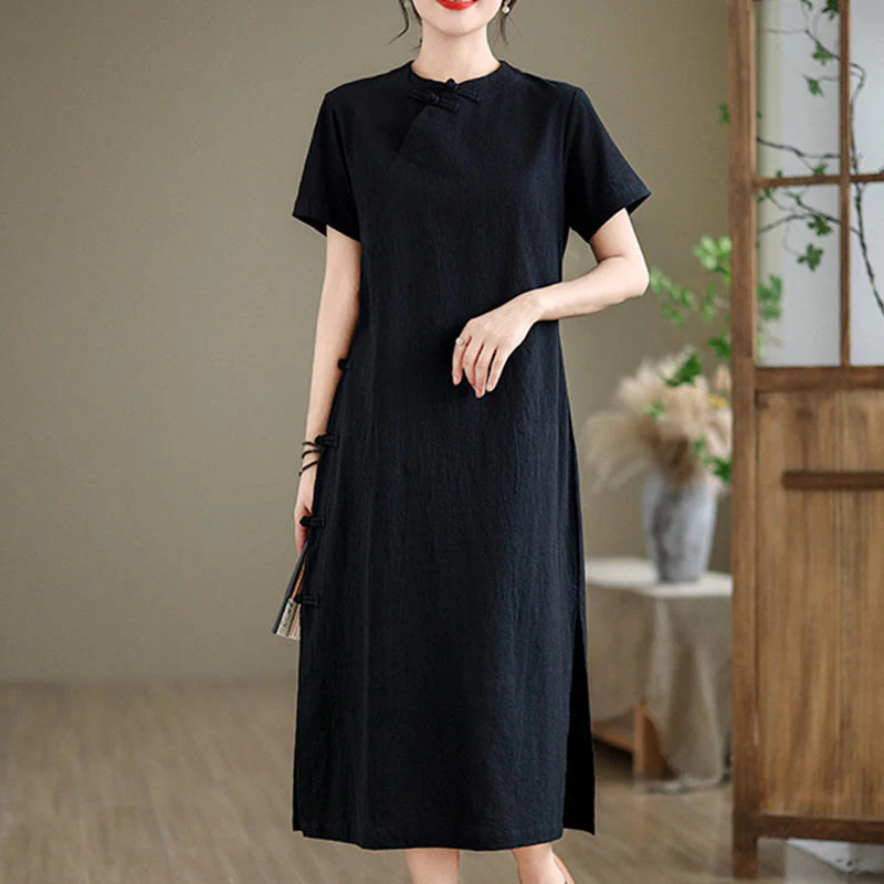 Abito midi cheongsam qipao con bottoni a rana, stile vintage estivo, in stile cinese , Buddha Stones - Image 15