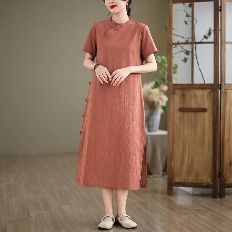 Abito midi cheongsam qipao con bottoni a rana, stile vintage estivo, in stile cinese , Buddha Stones - Image 2