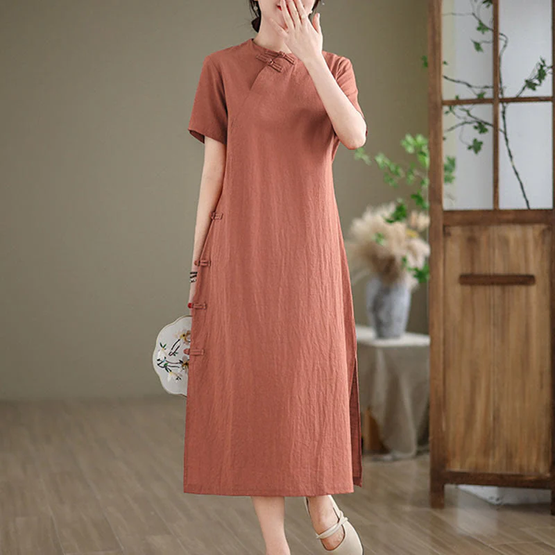 Abito midi cheongsam qipao con bottoni a rana, stile vintage estivo, in stile cinese , Buddha Stones - Image 3