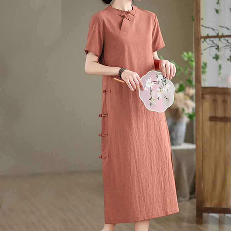 Abito midi cheongsam qipao con bottoni a rana, stile vintage estivo, in stile cinese , Buddha Stones - Image 5