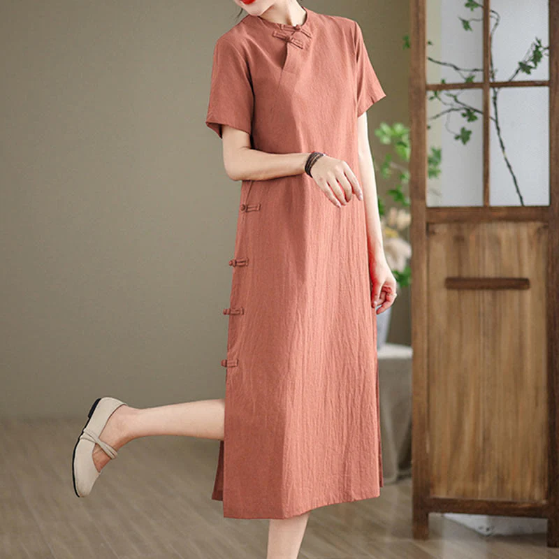 Abito midi cheongsam qipao con bottoni a rana, stile vintage estivo, in stile cinese , Buddha Stones - Image 6