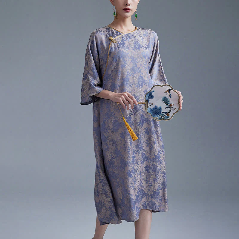 Abito midi cinese Cheongsam Qipao con tasche, piccolo fiore e foglia in jacquard, Buddha Stones - Image 11