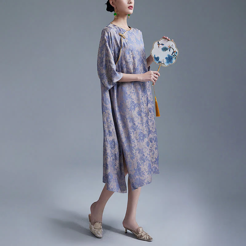Abito midi cinese Cheongsam Qipao con tasche, piccolo fiore e foglia in jacquard, Buddha Stones - Image 12