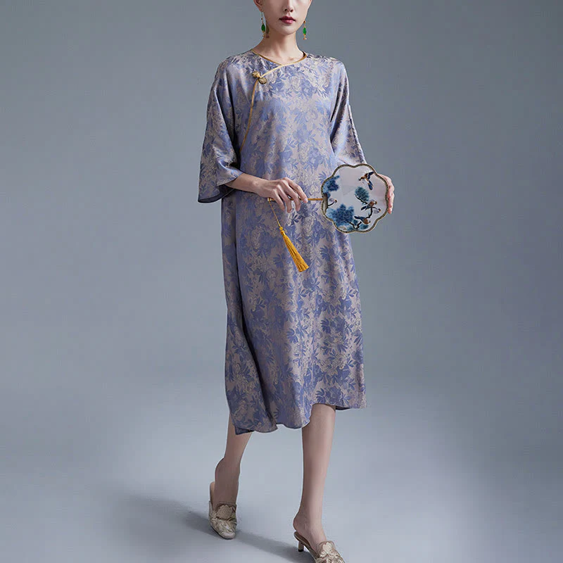 Abito midi cinese Cheongsam Qipao con tasche, piccolo fiore e foglia in jacquard, Buddha Stones - Image 14