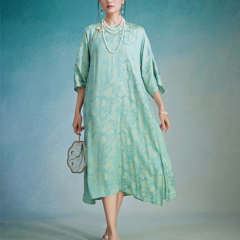 Abito midi cinese Cheongsam Qipao con tasche, piccolo fiore e foglia in jacquard, Buddha Stones - Image 2