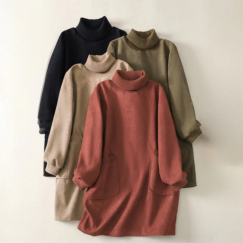Abito midi da donna in caldo cotone con collo alto e maniche lunghe, con tasche, Buddha Stones