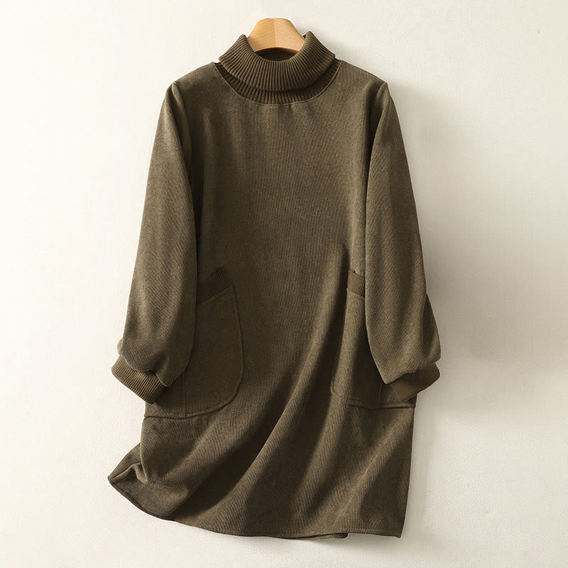 Abito midi da donna in caldo cotone con collo alto e maniche lunghe, con tasche, Buddha Stones - Image 17