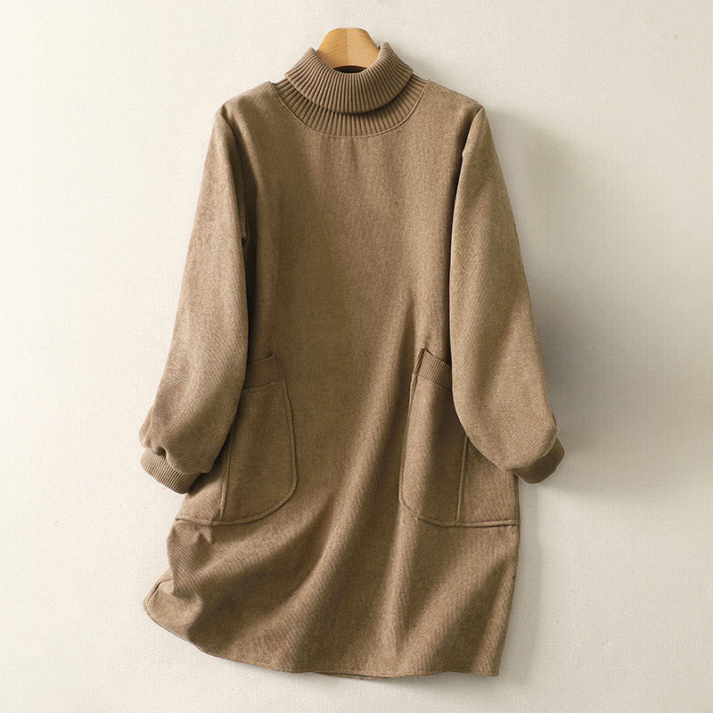 Abito midi da donna in caldo cotone con collo alto e maniche lunghe, con tasche, Buddha Stones - Image 2