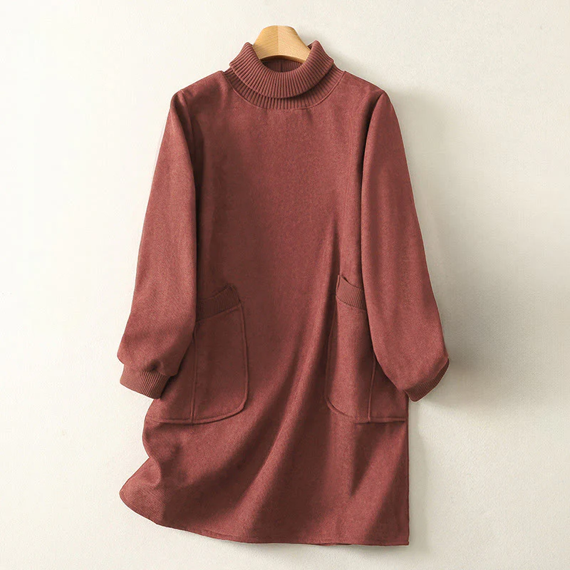 Abito midi da donna in caldo cotone con collo alto e maniche lunghe, con tasche, Buddha Stones - Image 7