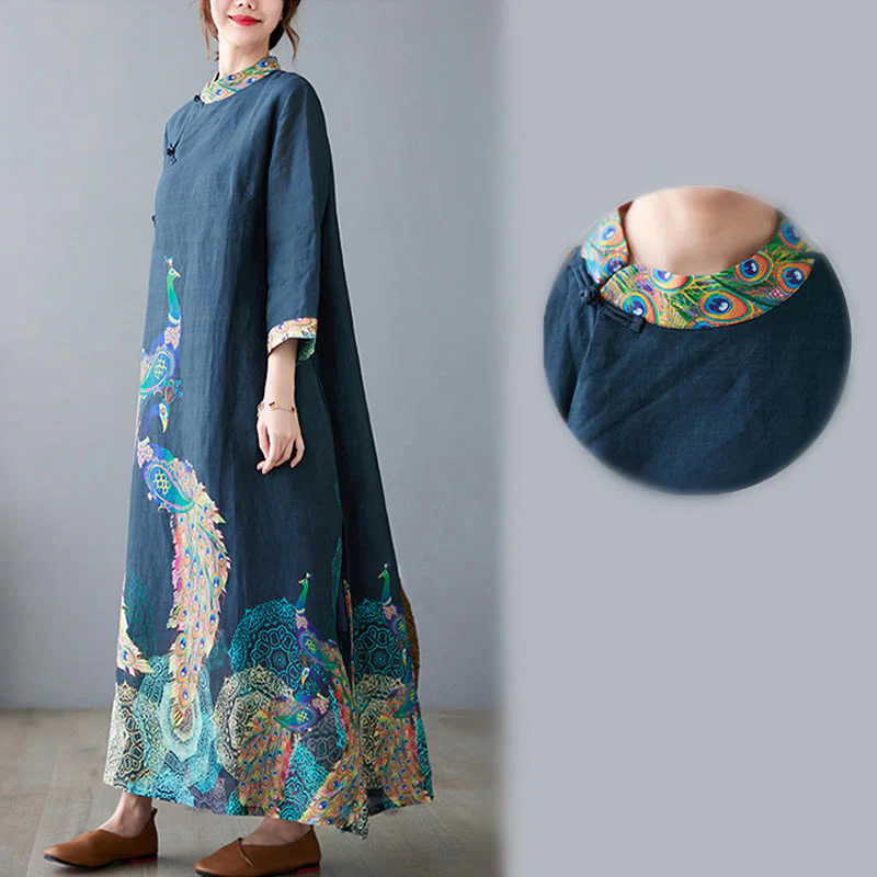Abito midi da donna in cotone con maniche a tre quarti, motivo Buddha Stones Fall Colorful Peacocks Mandala Frog-Botton - Image 10