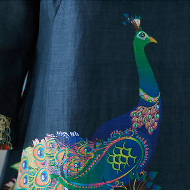 Abito midi da donna in cotone con maniche a tre quarti, motivo Buddha Stones Fall Colorful Peacocks Mandala Frog-Botton - Image 16