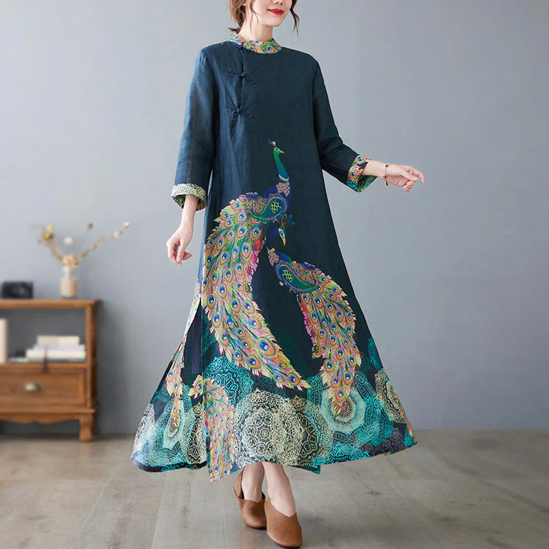Abito midi da donna in cotone con maniche a tre quarti, motivo Buddha Stones Fall Colorful Peacocks Mandala Frog-Botton - Image 2