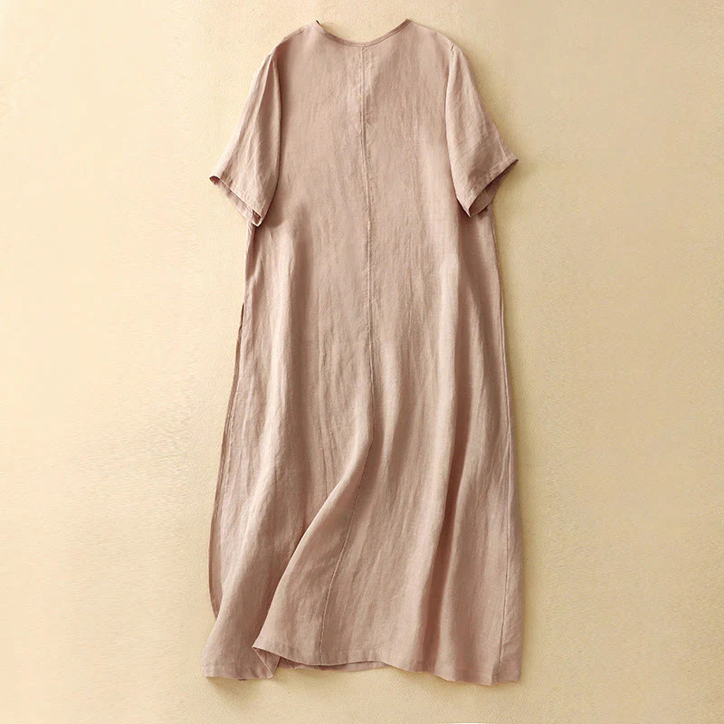 Abito midi da donna in cotone e lino con maniche corte, scollo a V, bottoni a rana , Buddha Stones - Image 10